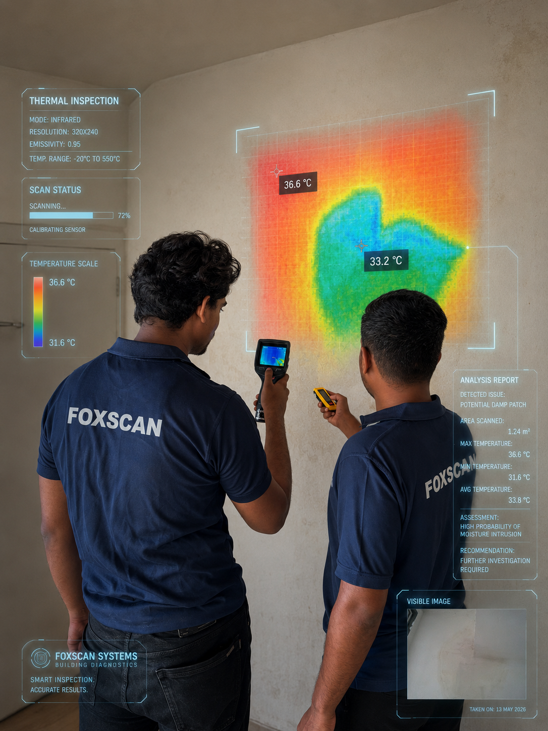 FoxScan wall thermal scan used for AI-powered building diagnostics on a restoration project