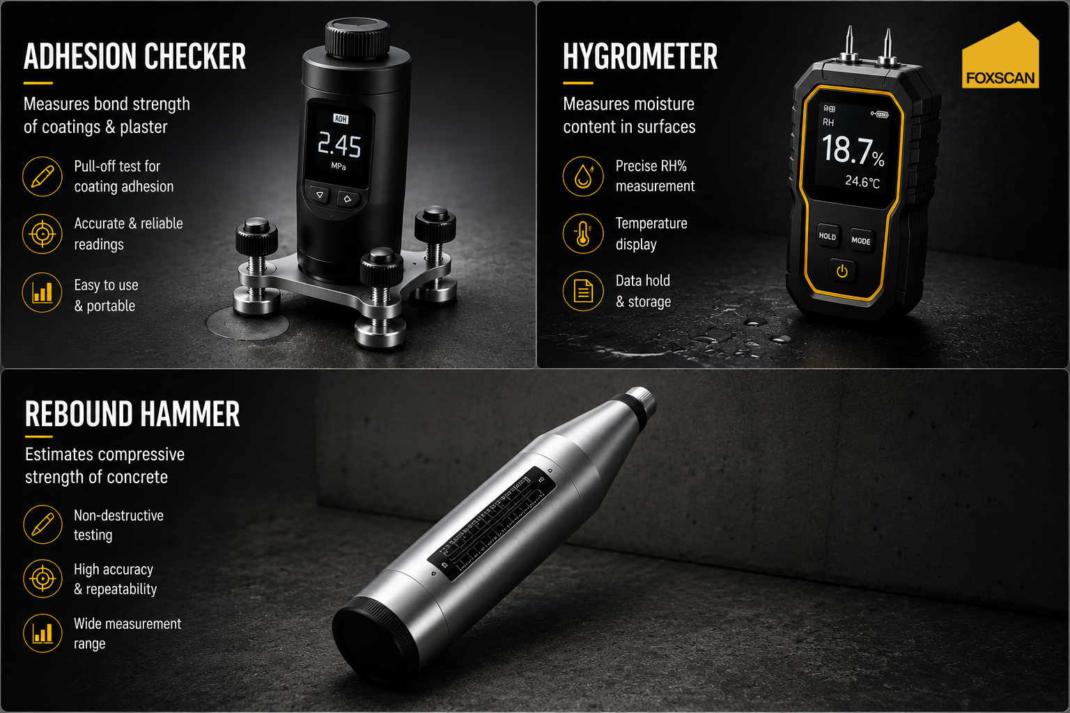 FoxScan instrument kit — hygrometer, adhesion checker and rebound hammer