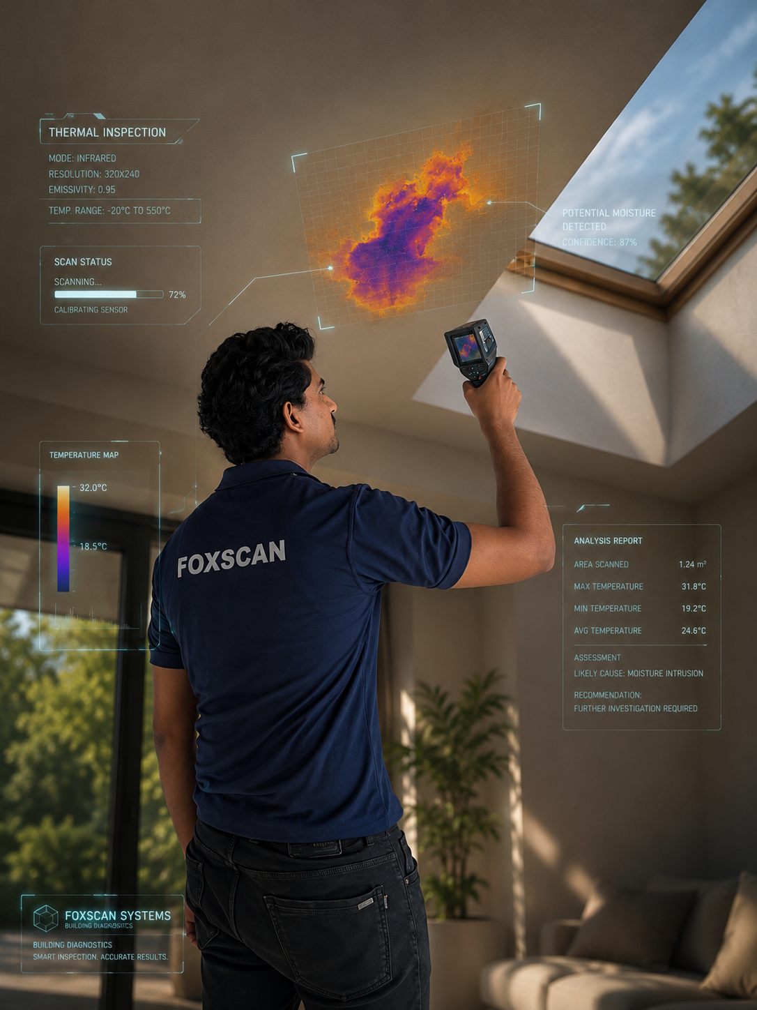 FoxScan technician using a thermal camera with AI analysis overlay showing scan status and moisture detection