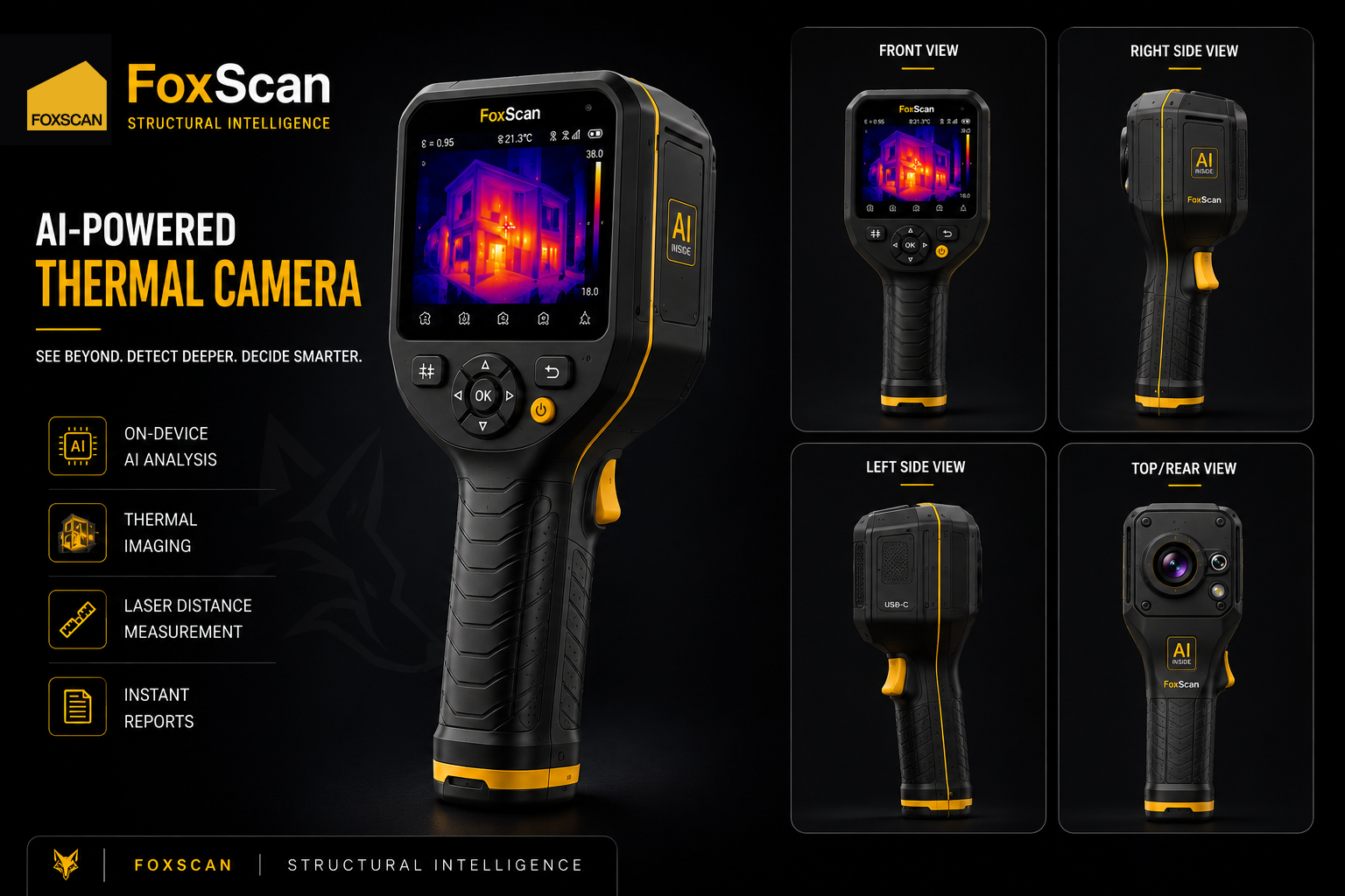 FoxScan AI-powered thermal camera, front and side views
