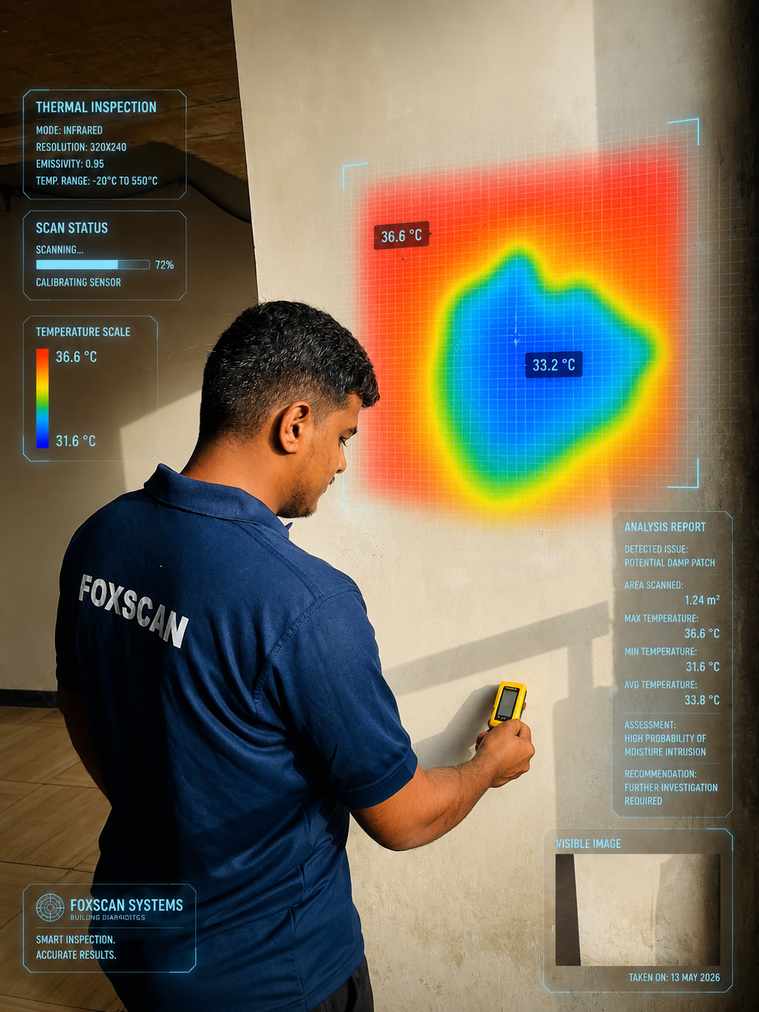 FoxScan technician using a moisture meter for on-site building diagnostics
