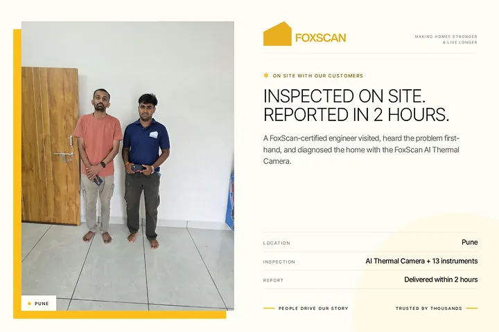 FoxScan engineer with a homeowner after an on-site inspection in Pune. Card: Inspected on site. Reported in 2 hours.