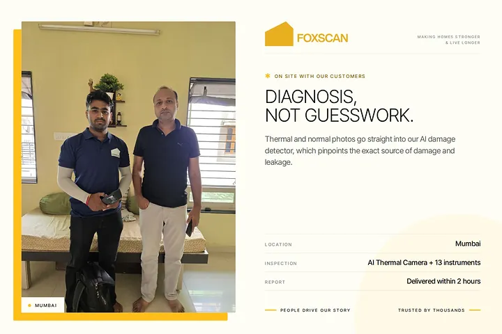 FoxScan engineer with a homeowner in a Mumbai bedroom. Card: Diagnosis, not guesswork.