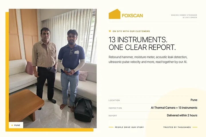 FoxScan engineer with a homeowner in his Pune living room. Card: 13 instruments. One clear report.