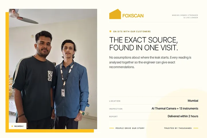 FoxScan engineer with a homeowner in Mumbai. Card: The exact source, found in one visit.