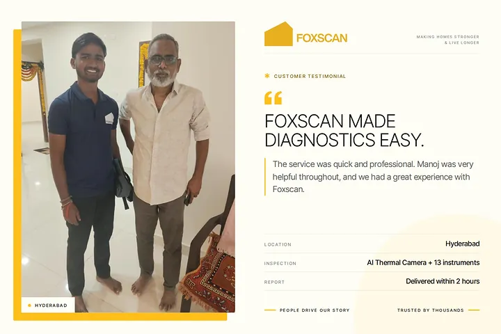 Homeowner with the FoxScan engineer in Hyderabad. Customer quote: FoxScan made diagnostics easy.