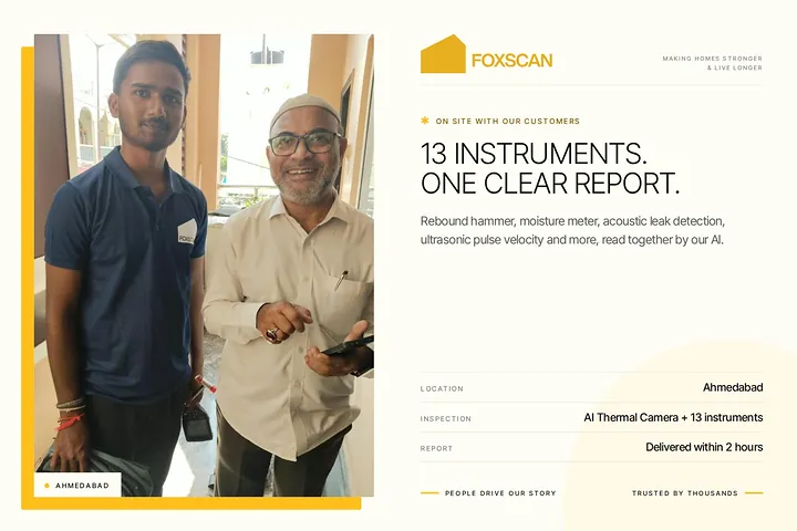 FoxScan engineer with a homeowner in Ahmedabad. Card: 13 instruments. One clear report.