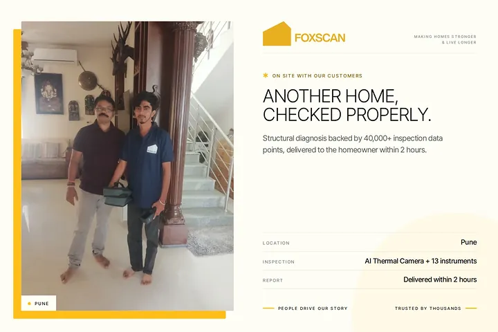 FoxScan engineer with a homeowner inside a Pune home. Card: Another home, checked properly.