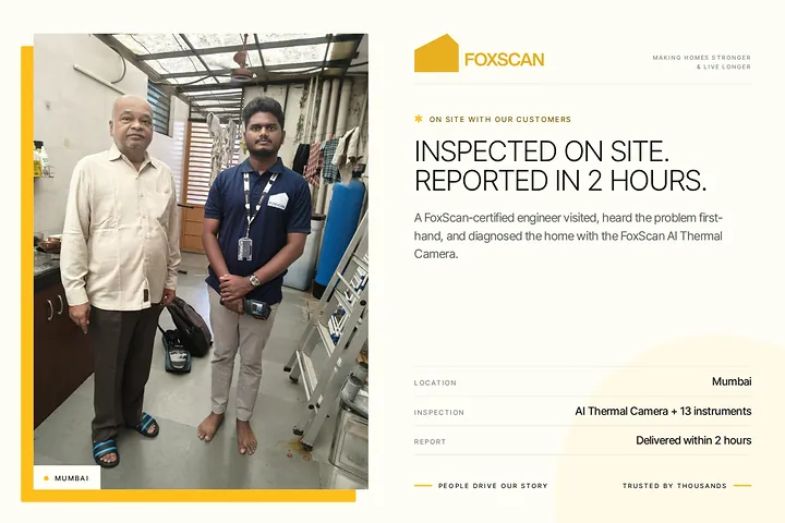 FoxScan engineer with a homeowner after an on-site inspection in Mumbai. Card: Inspected on site. Reported in 2 hours.