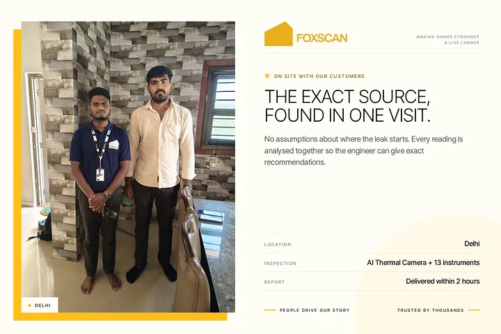 FoxScan engineer with a homeowner in Delhi. Card: The exact source, found in one visit.
