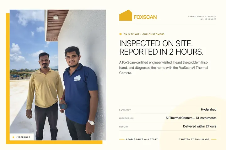 FoxScan engineer with a homeowner on a Hyderabad terrace. Card: Inspected on site. Reported in 2 hours.