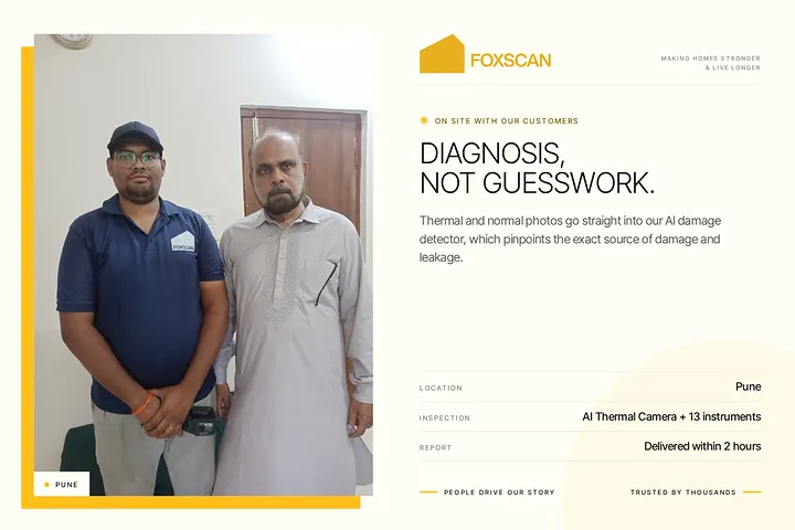 FoxScan engineer standing with a homeowner inside his home in Pune. Card: Diagnosis, not guesswork.