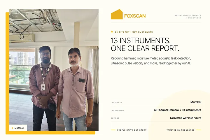 FoxScan engineer with a homeowner in a Mumbai apartment. Card: 13 instruments. One clear report.