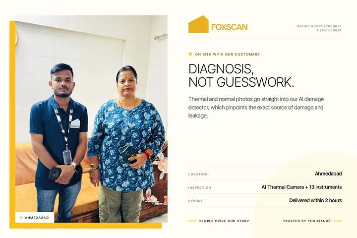 FoxScan engineer with a homeowner in Ahmedabad. Card: Diagnosis, not guesswork.