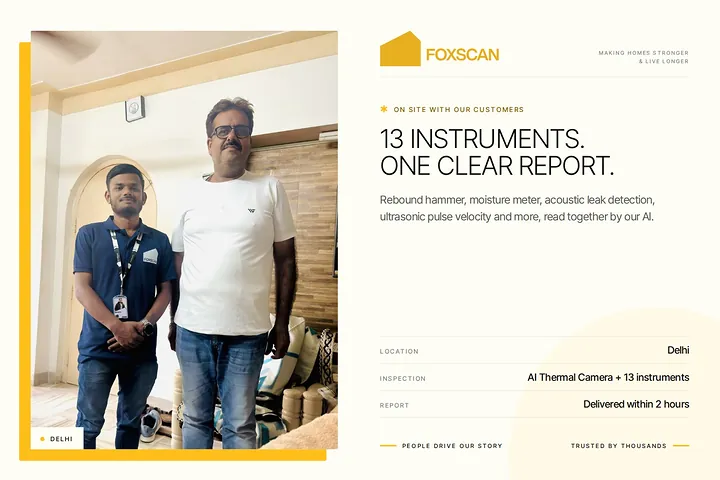 FoxScan engineer with a homeowner in Delhi. Card: 13 instruments. One clear report.
