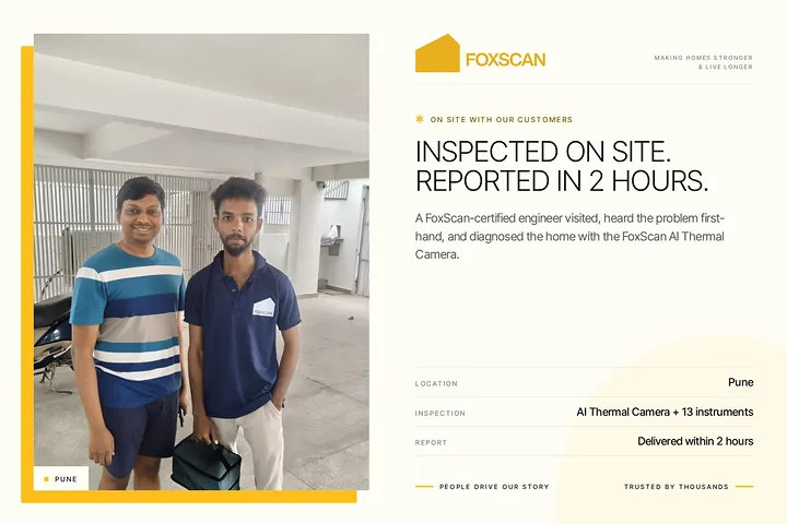 FoxScan engineer with a homeowner at a Pune building. Card: Inspected on site. Reported in 2 hours.