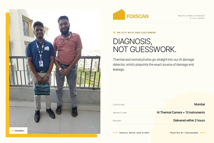 FoxScan engineer with a homeowner on a Mumbai balcony. Card: Diagnosis, not guesswork.