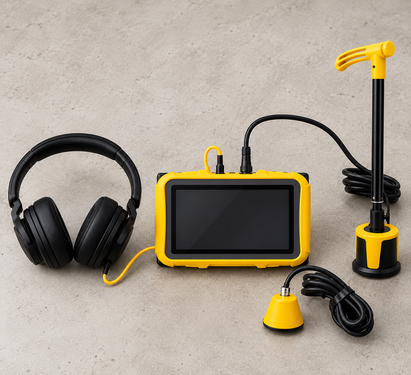 Acoustic leak detector with headphones and ground sensors