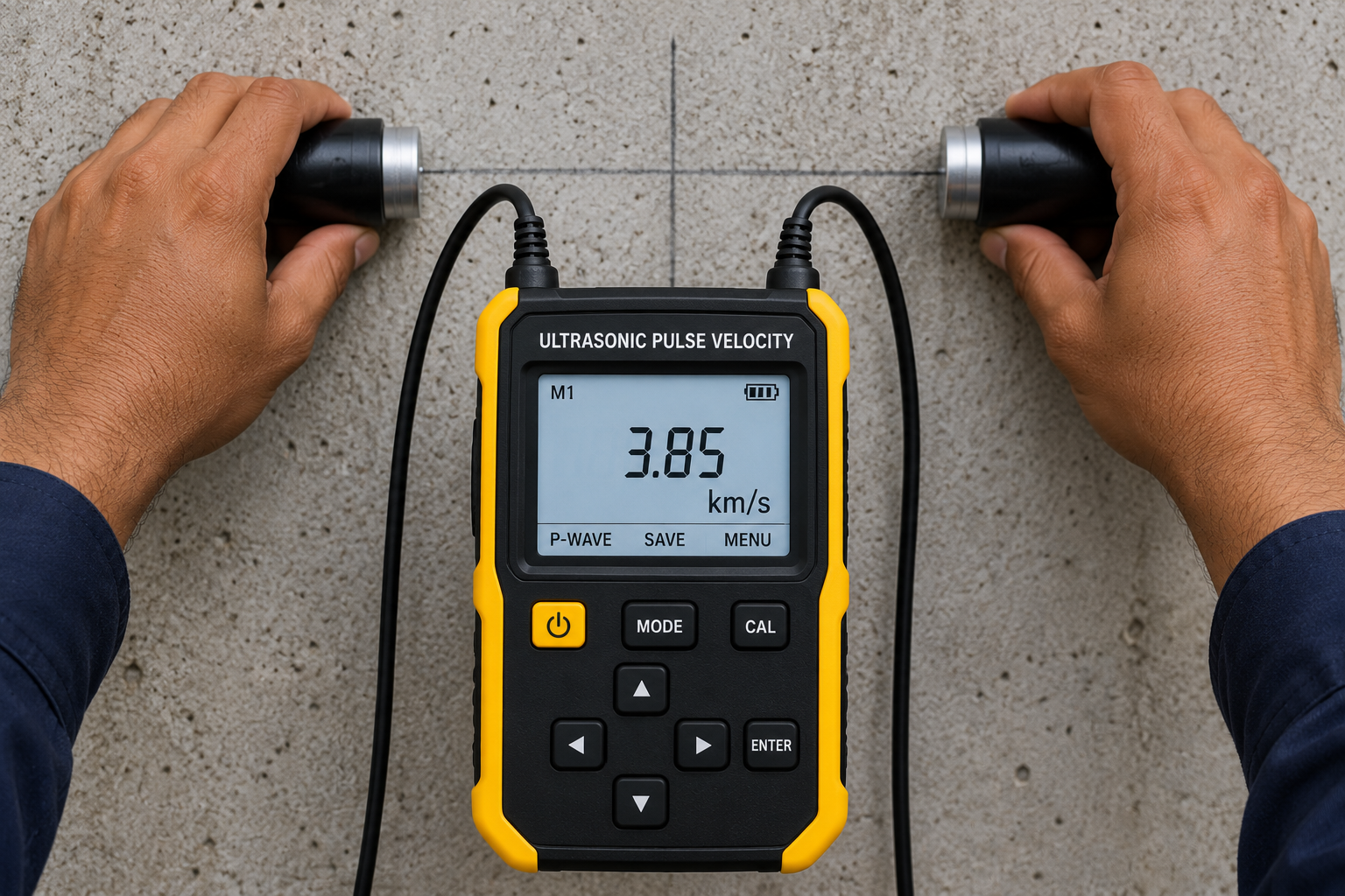 Ultrasonic pulse velocity tester with two transducers on a concrete wall